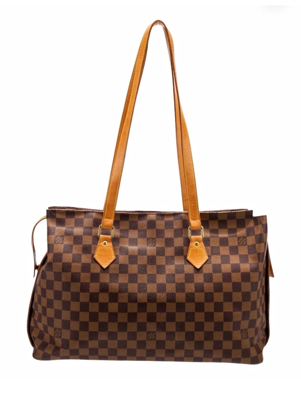 Louis Vuitton Brown Checkered Tote with Tan Straps